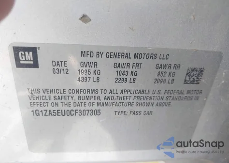 2012 Chevrolet Malibu Ls из США, поврежденный, VIN 1G1ZA5EU0CF307305